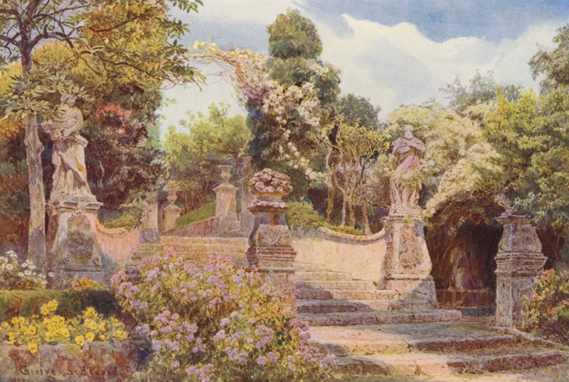 Italienska trädgårdar: A Stairway, Villa Arson (färglitografi) av George Samuel Elgood