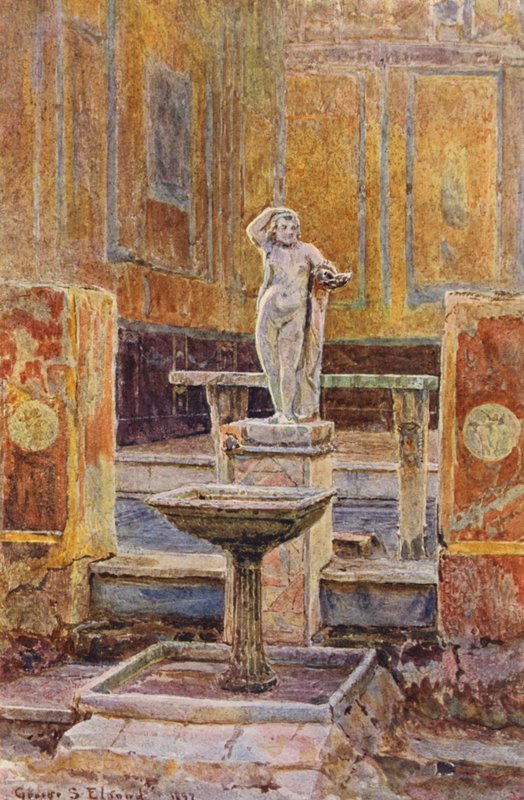 Italienska trädgårdar: Huset med den hängande balkongen, Pompeji (färglitografi) av George Samuel Elgood