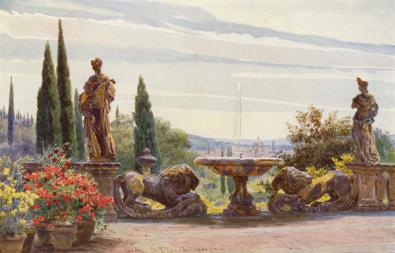 Italienska trädgårdar: Florens från Villa Palmieri (färglitografi) av George Samuel Elgood