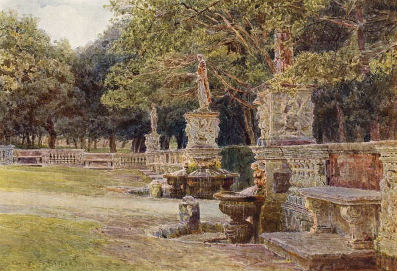 Italienska trädgårdar: Förgård, Villa Borghese (färglitografi) av George Samuel Elgood