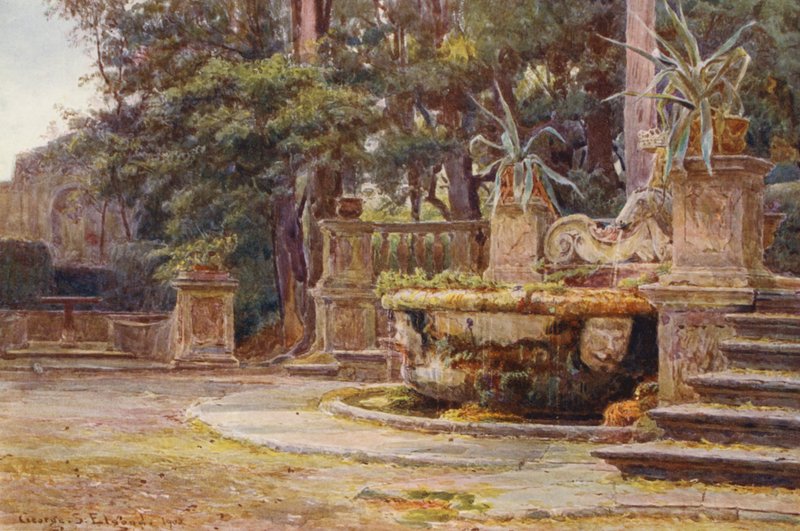 Italienska trädgårdar: Fontän, Villa Corsini (färglitografi) av George Samuel Elgood
