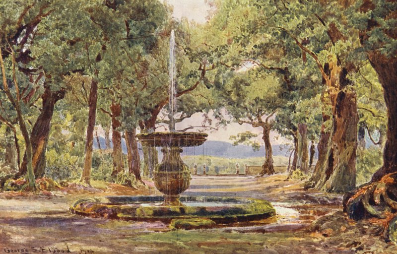 Italienska trädgårdar: Fontän i Bosco, Villa Conti (färglitografi) av George Samuel Elgood