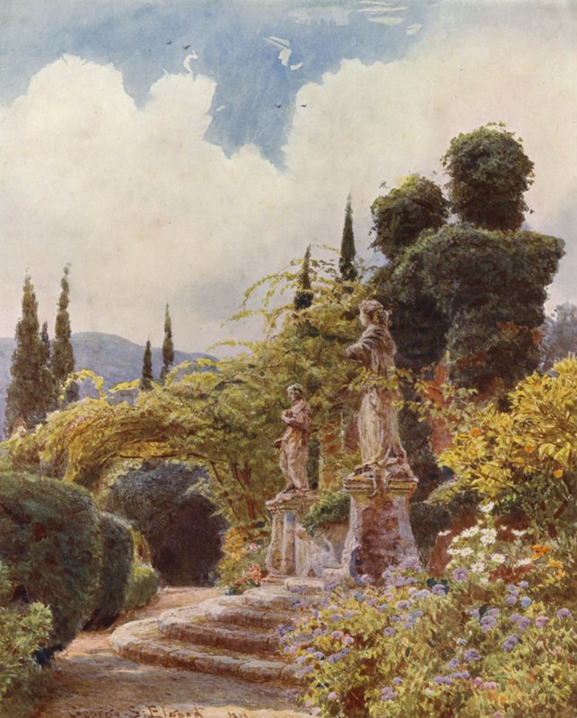Italienska trädgårdar: Port, Villa Arson (färglitografi) av George Samuel Elgood