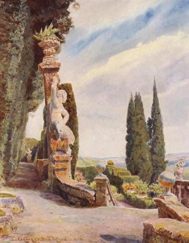 Italienska trädgårdar: Huvudet av den stora trappan, Villa Garzoni (färglitografi) av George Samuel Elgood