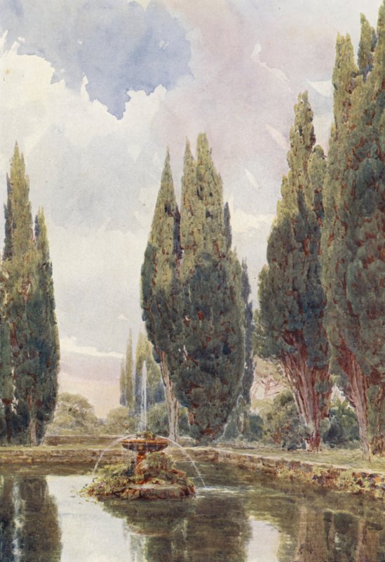 Italienska trädgårdar: Il Laghetto, Villa Falconieri (färglitografi) av George Samuel Elgood