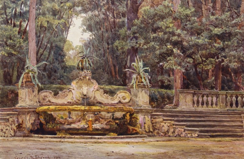 Italienska trädgårdar: I Bosco, Villa Corsini (färglitografi) av George Samuel Elgood