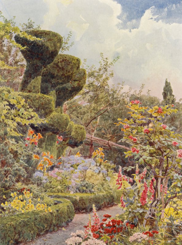 Italienska trädgårdar: La Badia, Klosterträdgården (färglitografi) av George Samuel Elgood
