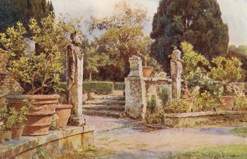 Italienska trädgårdar: Terminalstatyer, Villa Piatti (färglitografi) av George Samuel Elgood