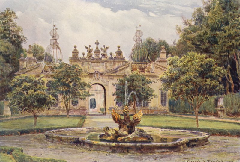 Italienska trädgårdar: Aviären, Villa Borghese (färglitografi) av George Samuel Elgood
