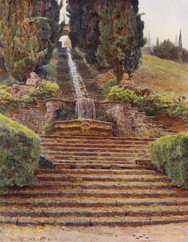 Italienska trädgårdar: Kaskaden, Villa Cicogna (färglitografi) av George Samuel Elgood