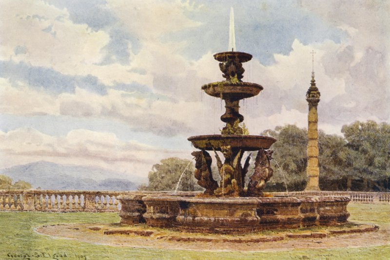 Italienska trädgårdar: Drakfontänen, Villa Mondragone (färglitografi) av George Samuel Elgood