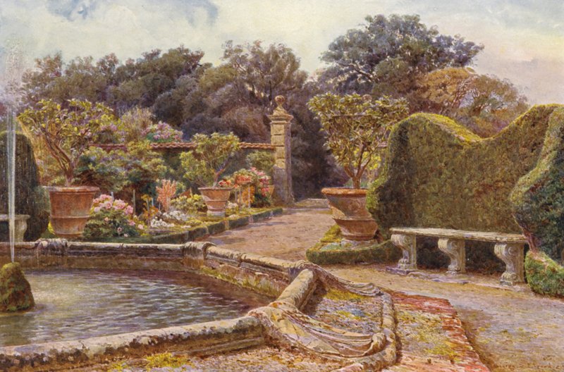 Italienska trädgårdar: Fontänen, Villa di Caniparola (färglitografi) av George Samuel Elgood