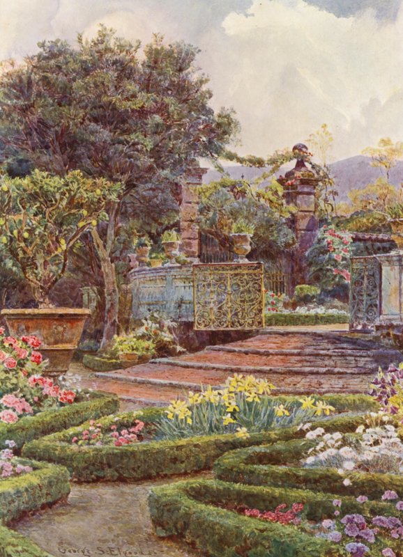 Italienska trädgårdar: Trädgårdsporten, Villa di Caniparola (färglitografi) av George Samuel Elgood