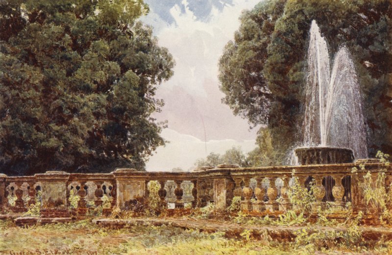 Italienska trädgårdar: Den stora fontänen, Villa Conti (färglitografi) av George Samuel Elgood