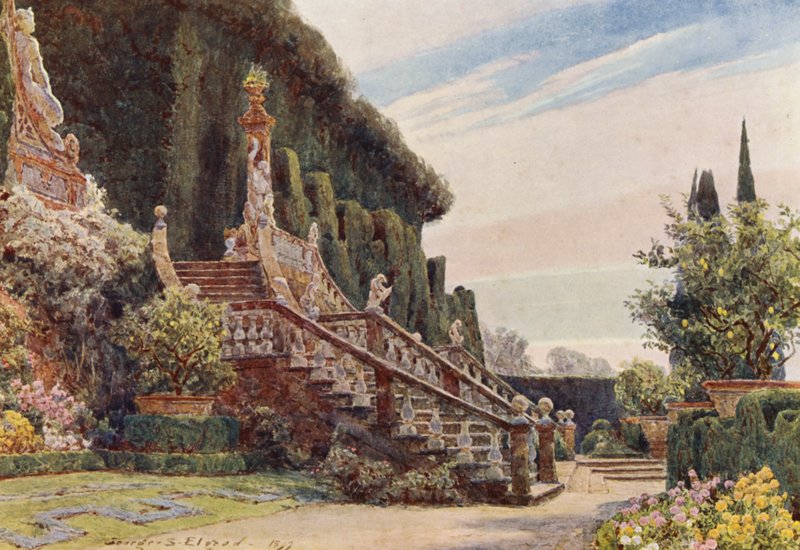 Italienska trädgårdar: Den stora trappan, Villa Garzoni (färglitografi) av George Samuel Elgood