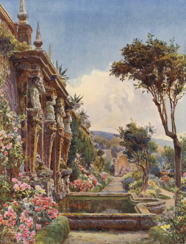 Italienska trädgårdar: Den nedre terrassen, Villa Imperiali (färglitografi) av George Samuel Elgood