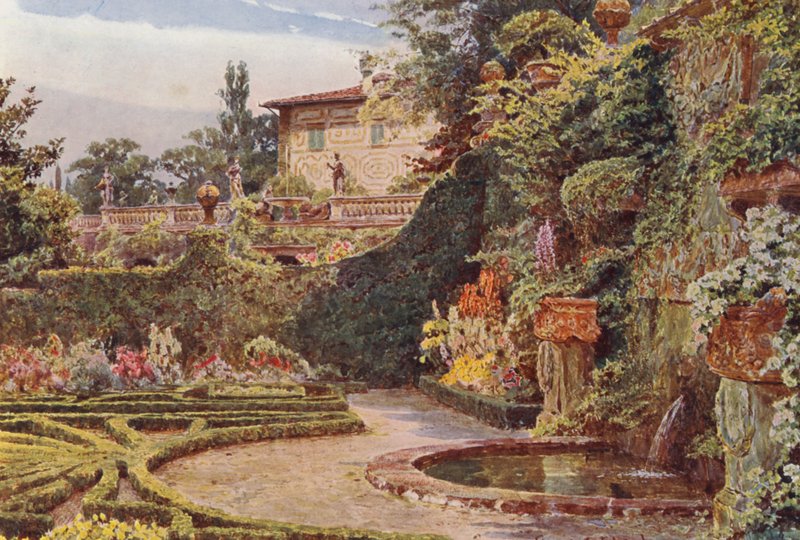 Italienska trädgårdar: Palazzo från parterren, Villa Palmieri (färglitografi) av George Samuel Elgood