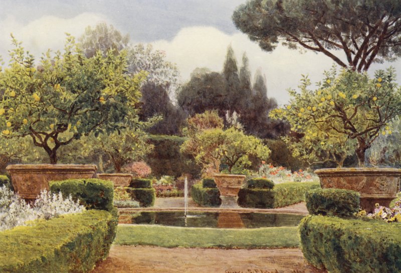 Italienska trädgårdar: Parterren, Villa Colonna (färglitografi) av George Samuel Elgood