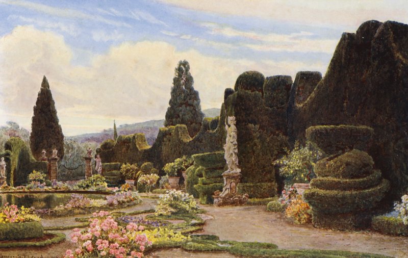 Italienska trädgårdar: Parterren, Villa Garzoni (färglitografi) av George Samuel Elgood