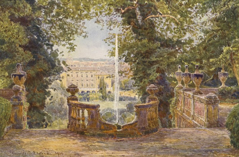 Italienska trädgårdar: Övre terrassen, Villa Corsini (färglitografi) av George Samuel Elgood
