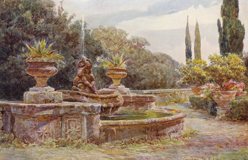 Italienska trädgårdar: Villa Aldborandini (färglitografi) av George Samuel Elgood