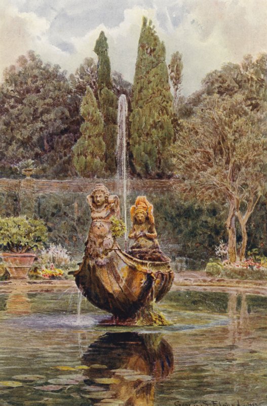 Italienska trädgårdar: Villa Aldobrandini, fontän i parterren (färglitografi) av George Samuel Elgood