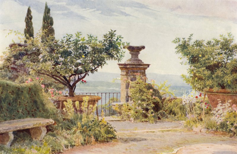 Italienska trädgårdar: Villa Amari, The Belvedere (färglitografi) av George Samuel Elgood