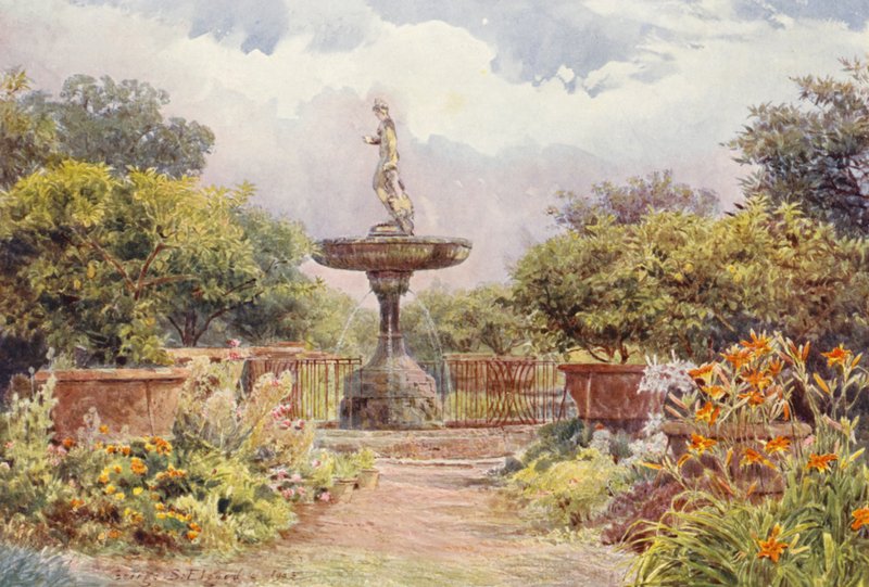 Italienska trädgårdar: Villa Amari, Fontänen (färglitografi) av George Samuel Elgood