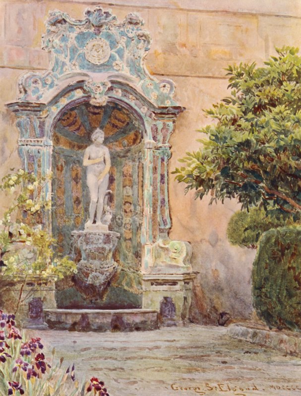 Italienska trädgårdar: Villa Arson, Venusfontänen (färglitografi) av George Samuel Elgood