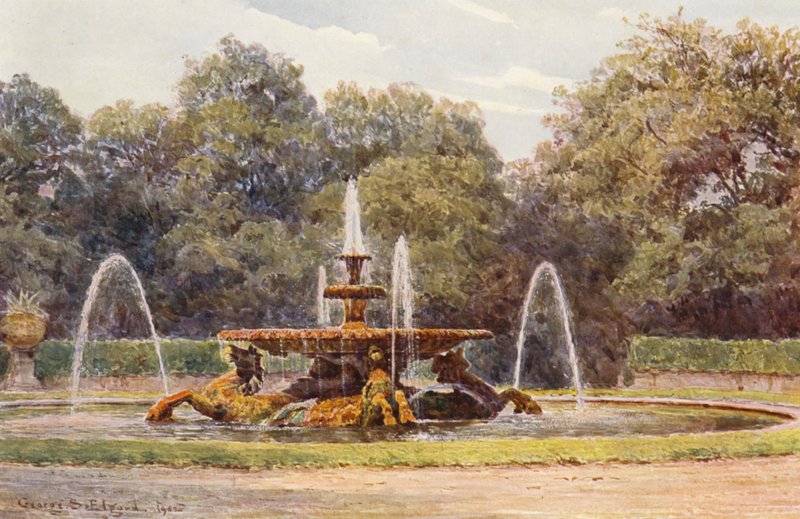 Italienska trädgårdar: Villa Borghese, Fontänen med sjöhästen (färglitografi) av George Samuel Elgood
