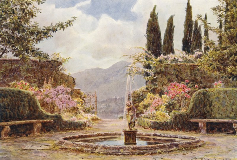Italienska trädgårdar: Villa Cavagnaro, Parterren (färglitografi) av George Samuel Elgood