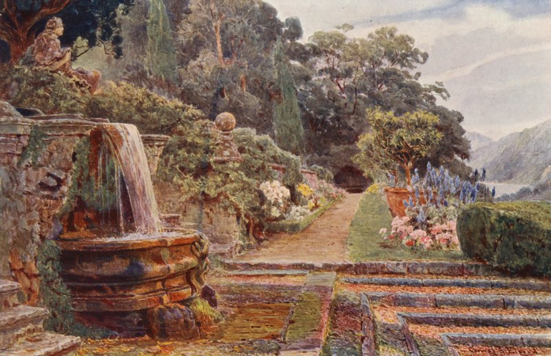 Italienska trädgårdar: Villa Cicogna, nedanför kaskaden (färglitografi) av George Samuel Elgood