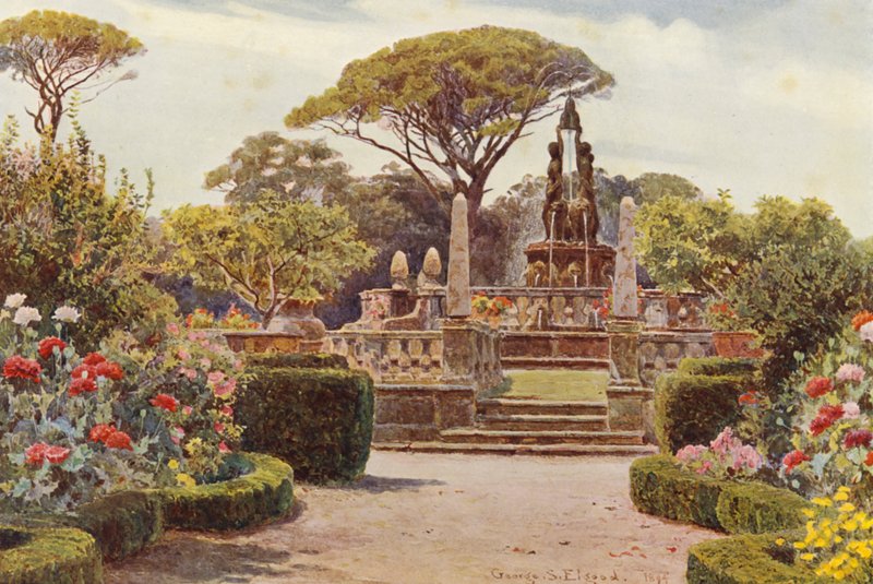 Italienska trädgårdar: Villa Lante i Bagnaja (färglitografi) av George Samuel Elgood