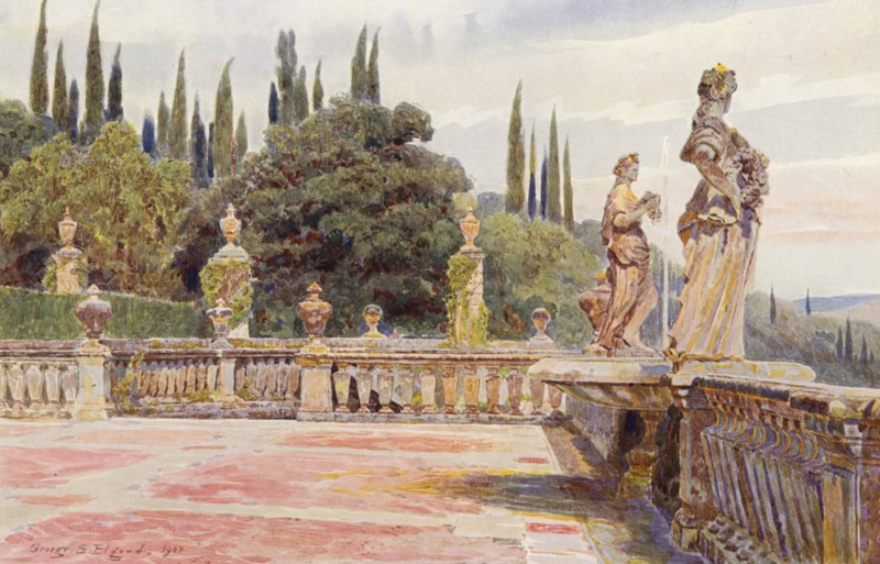 Italienska trädgårdar: Villa Palmieri, Flora och Pomona (färglitografi) av George Samuel Elgood