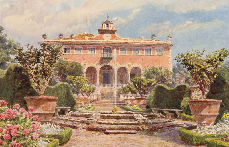 Italienska trädgårdar: Villa di Caniparola (färglitografi) av George Samuel Elgood