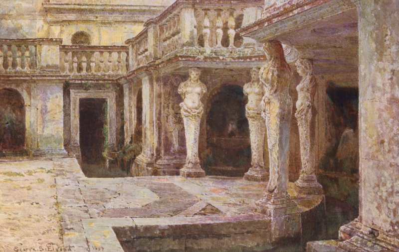 Italienska trädgårdar: Villa di Papa Giulio (färglitografi) av George Samuel Elgood