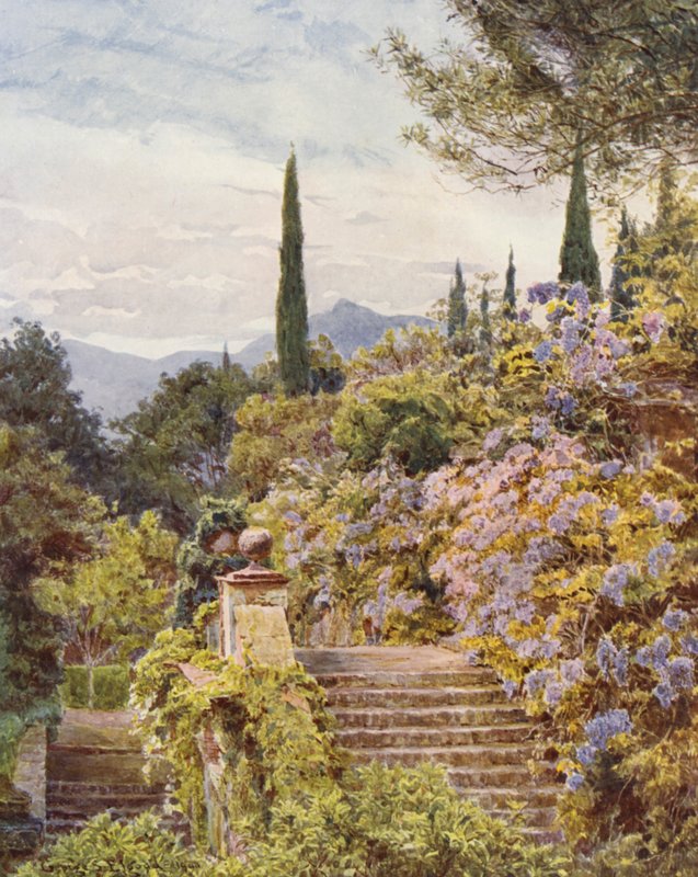 Italienska trädgårdar: Wistaria, Villa Cavagnaro (färglitografi) av George Samuel Elgood