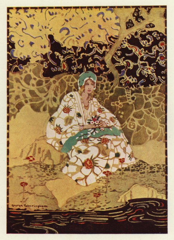 En mycket vacker flicka som sitter på stranden av strömmen (färg litho) av George Sheringham