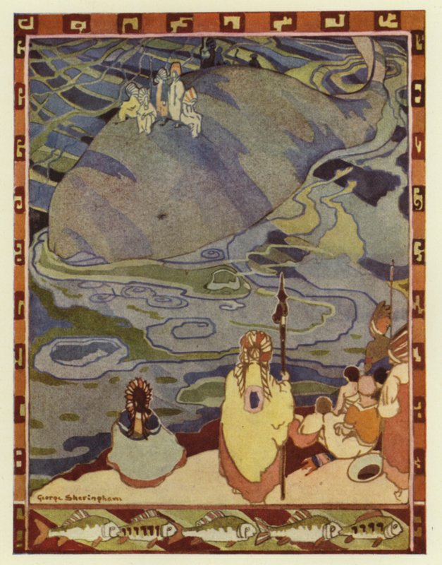 Glooskap samlade sitt folk på stranden och bad valarna att bära dem till sitt gamla hem (färg litho) av George Sheringham