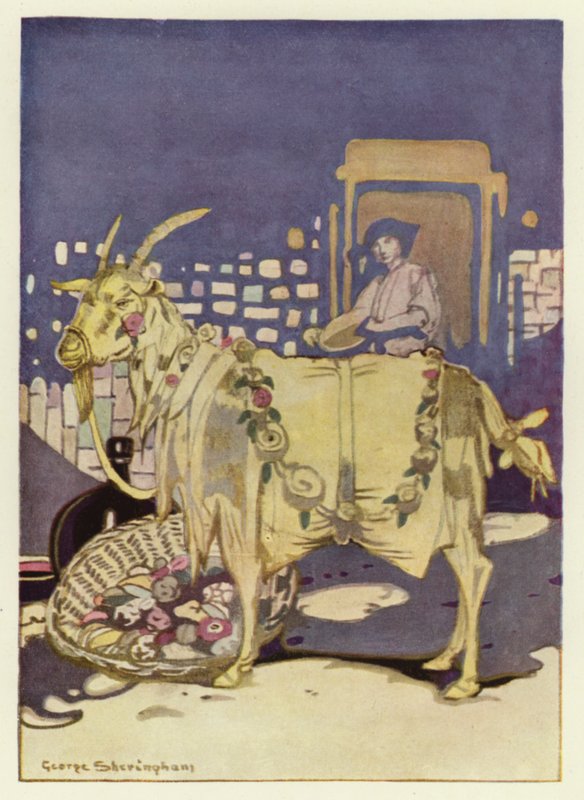 Han köpte en stor mängd mat, lade den i en korg och bar den till djurgården (färg litho) av George Sheringham