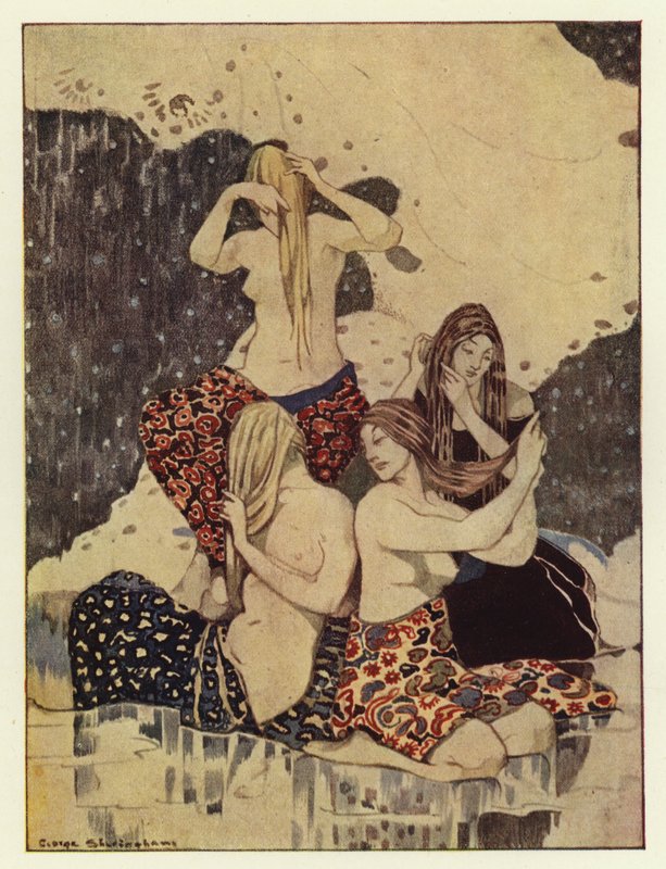 Han såg fyra vackra jungfrur sitta på isen och fläta sitt hår (färg litho) av George Sheringham