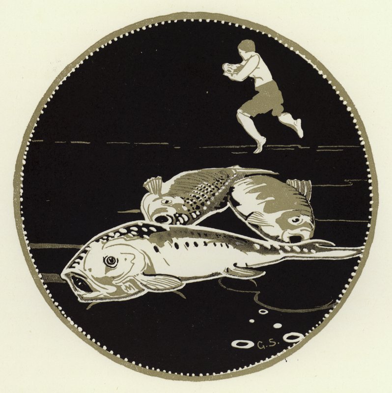 Han såg fyra stora fiskar ligga på isen (färg litho) av George Sheringham