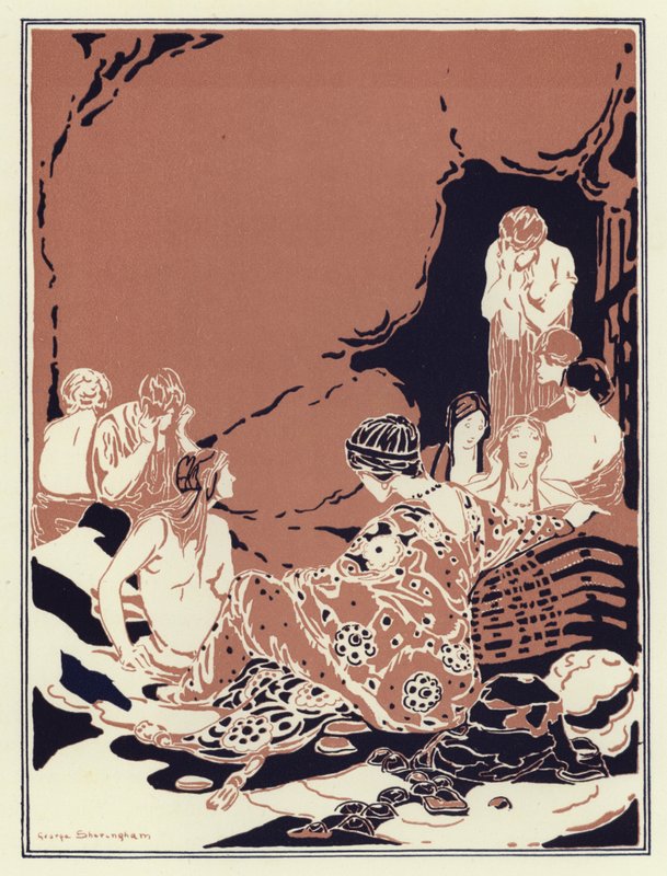 Många kvinnor satt runt i en cirkel, alla ledsna och grät (färg litho) av George Sheringham