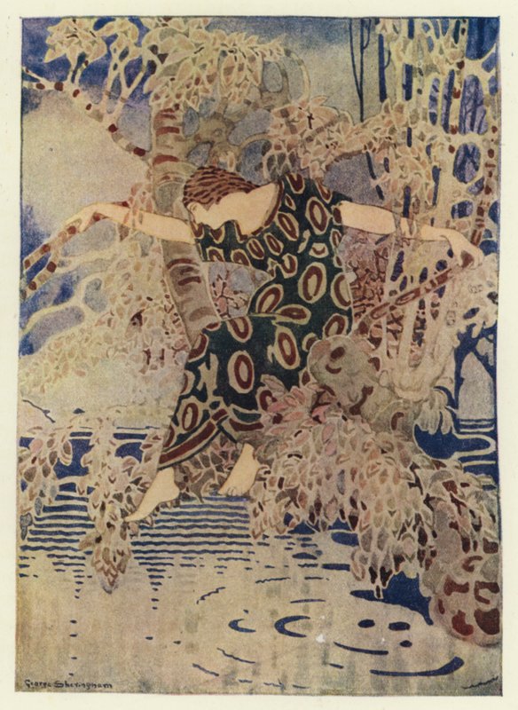 Hon klättrade in i ett träd som sträckte sig ut över vattnet (färg litho) av George Sheringham