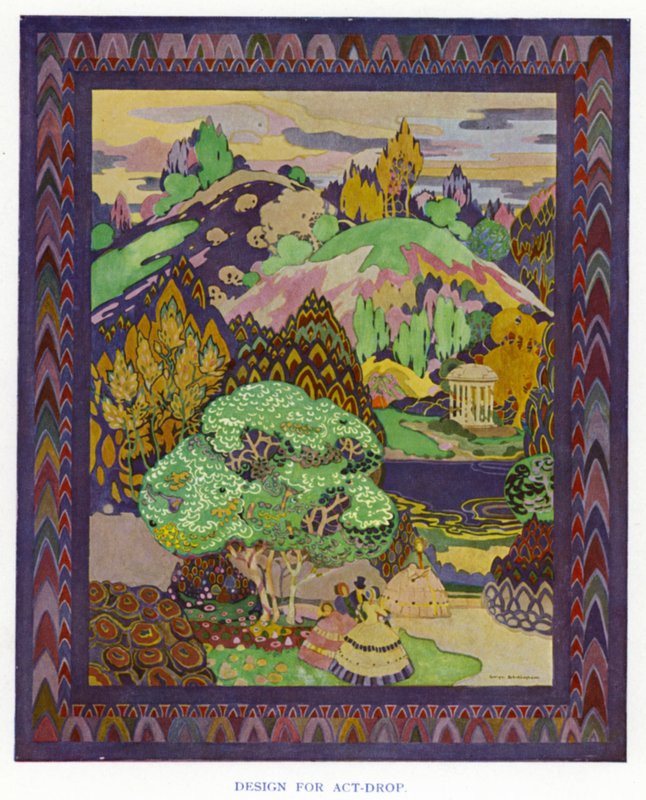 The Duenna av Sheridan: Design for Act-Drop (färg litho) av George Sheringham