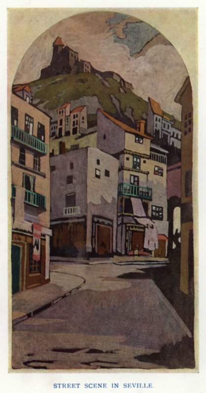 The Duenna av Sheridan: Street Scene in Sevilla (litho i färg) av George Sheringham