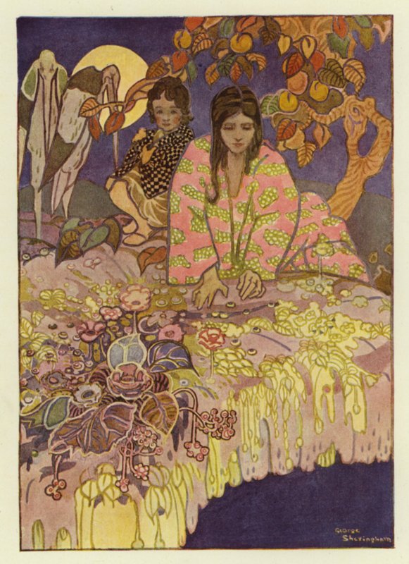 Flickan tittade genom hålet och såg jorden långt under sig (färg litho) av George Sheringham