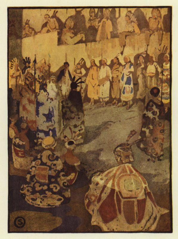 Det stora hovtältet var fyllt med Glooskaps folk för solens rättegång (färg litho) av George Sheringham