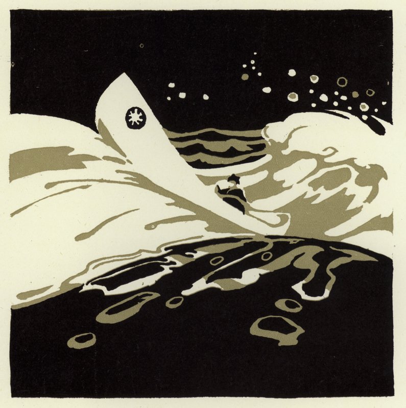 Den lille mannen klarar stormen i Glooskaps tunga kanot (färg litho) av George Sheringham