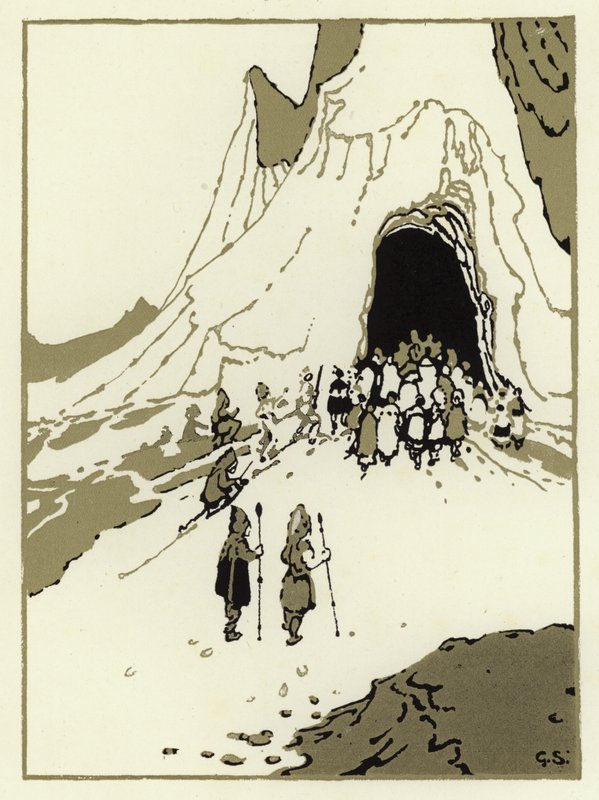 Folket gav sig ut för att hitta jättarna, snart kom de till sin grotta (färg litho) av George Sheringham